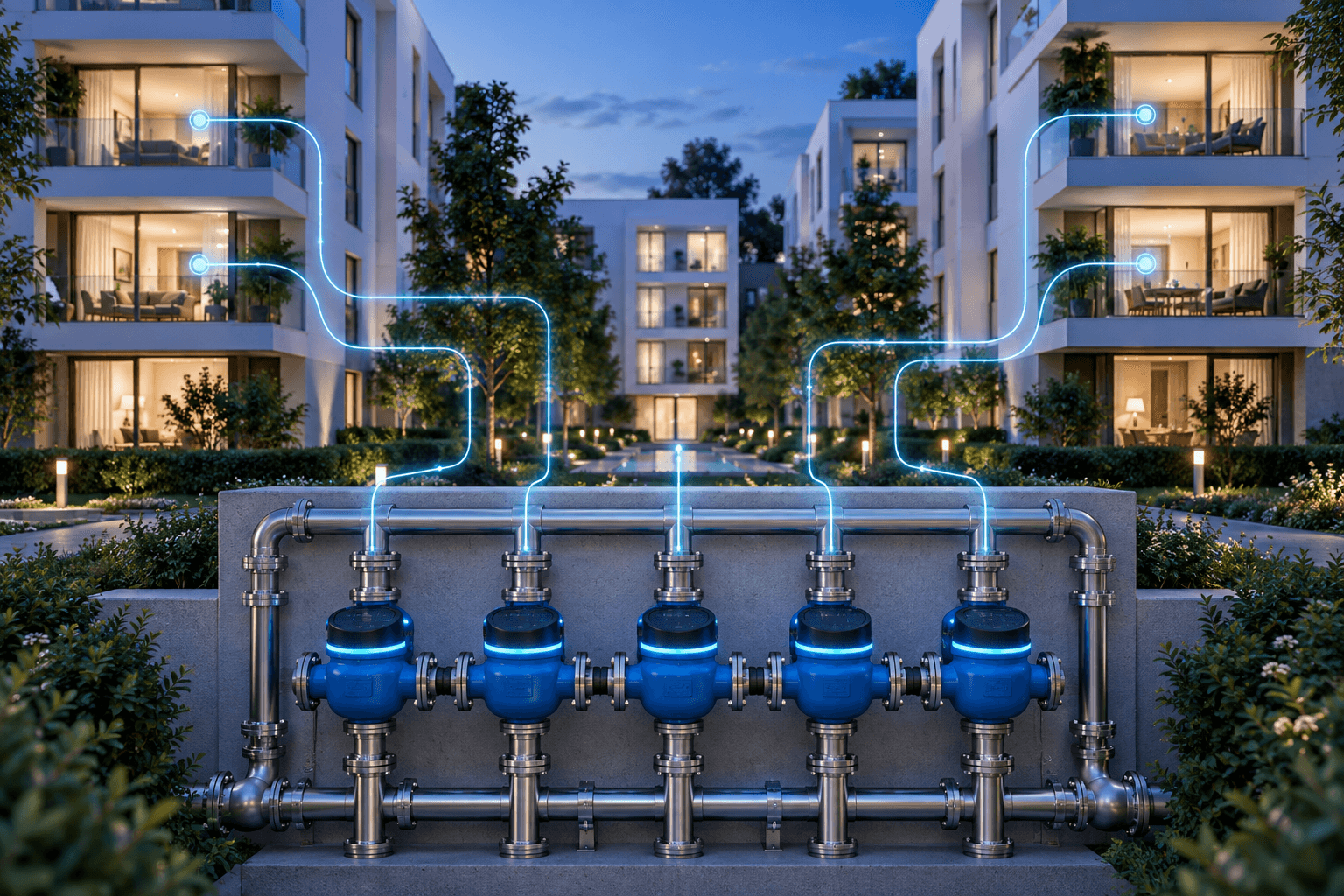 Illustration of connected water submeters serving a residential estate