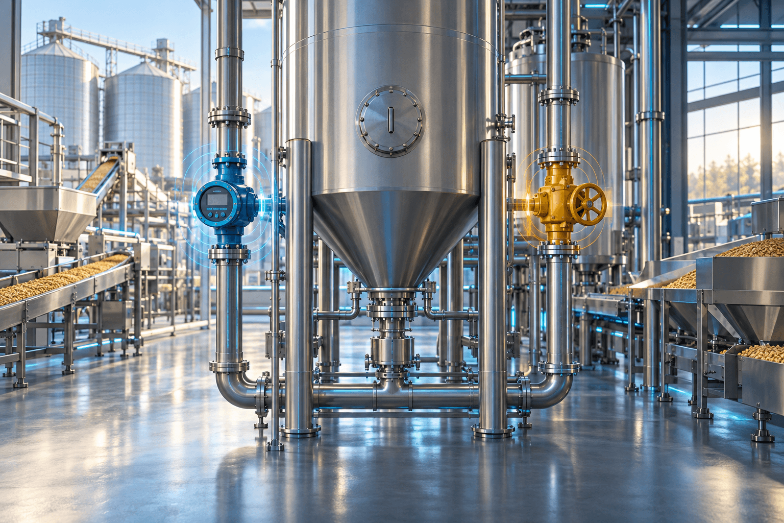 Illustration of water and gas monitoring equipment in a cereal manufacturing plant